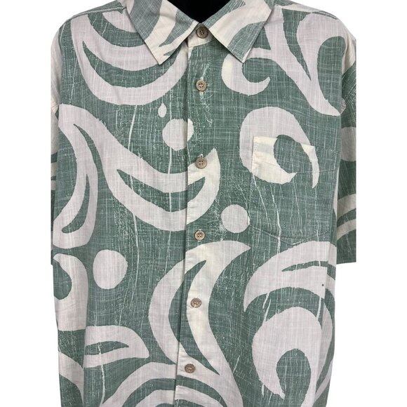 Quiksilver Size Large Mens Green White Abstract Hawaiian Aloha Button-Up Shirt - Picture 4 of 9
